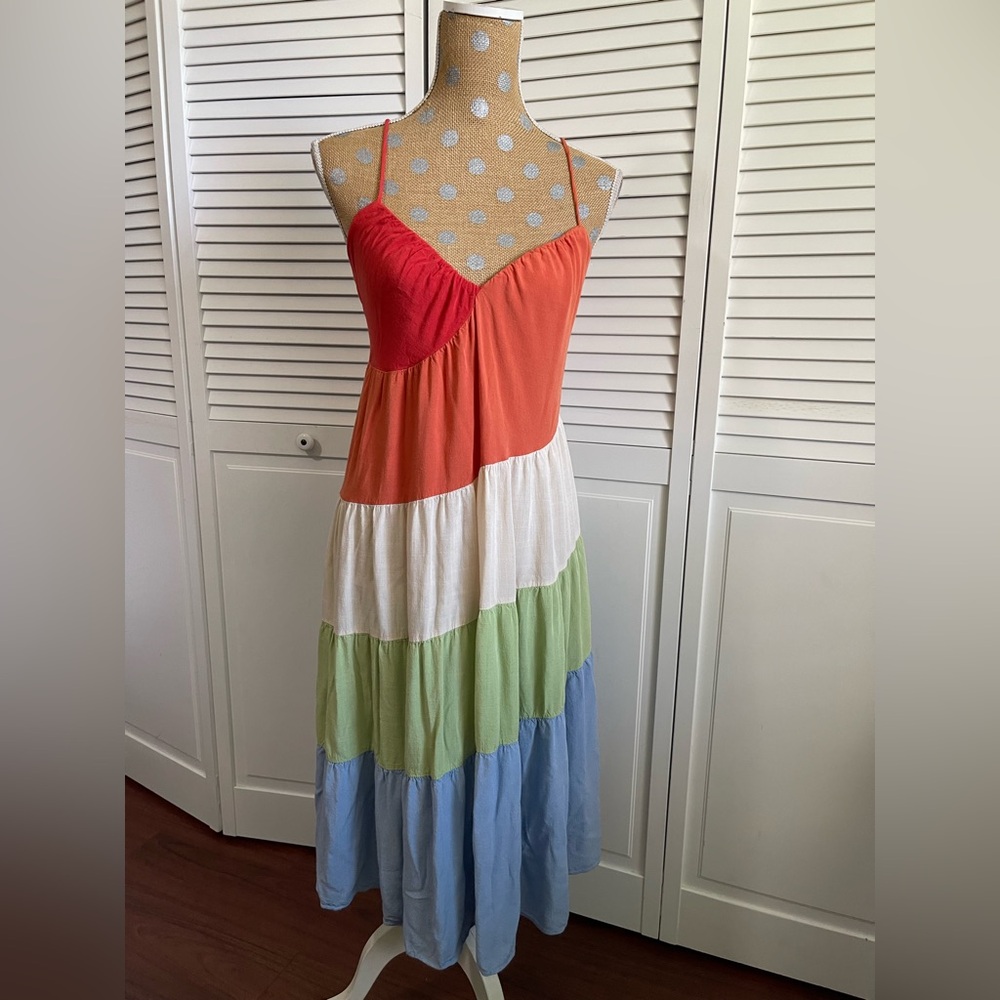 Colorblock Tiered Spaghetti-Strap Maxi Dress - Red, Orange, White, Green, Blue